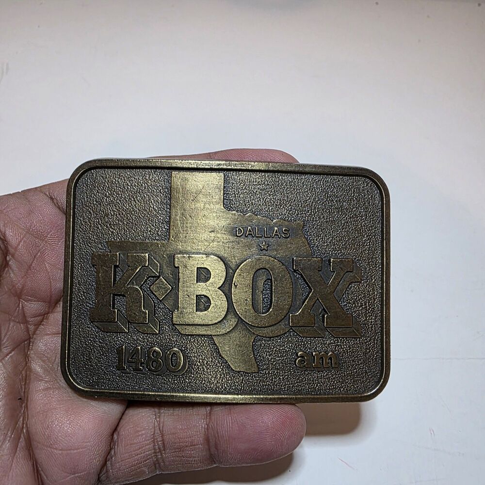 Vintage KBOX 1480 AM radio station Dallas Tx brass belt buckle Rectangle